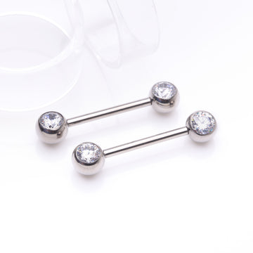 Detail View 1 of A Pair of Implant Grade Titanium Gem Ball Internally Threaded Nipple Barbell-Clear Gem
